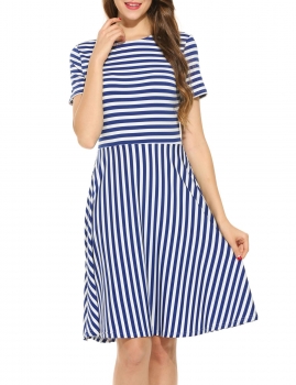 

Blue Women O-Neck Short Sleeve Striped Summer Casual Flared A-Line Dress, Multicolor