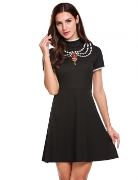 

Black Short Sleeve Lace Embroidery Patchwork Dress, Multicolor