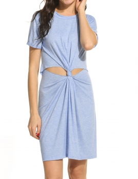 

Women Fashion O-Neck Short Sleeve Knot-Front Hollow Out Solid Dress, Multicolor