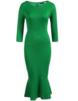 

Green Half Sleeve Fishtail Slim Solid Mermaid Dress, Multicolor
