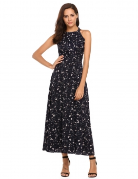 

Navy blue Sleeveless Halter Floral Full Length Dress, Multicolor
