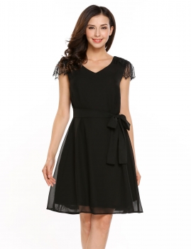 

Black Cap Sleeve V-neck Back Key Hole Chiffon Shift Dress with Belt, Multicolor
