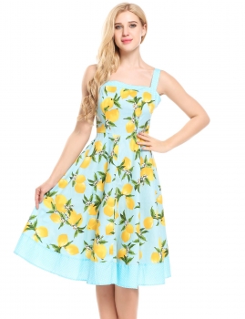 

Light blue Prints Patchwork Sleeveless A-Line Pleated Hem Dress, Multicolor