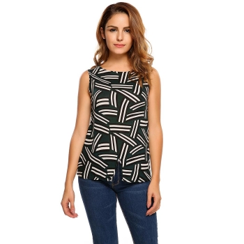 

Dark green Geometry Print O-Neck Sleeveless Tops, Multicolor