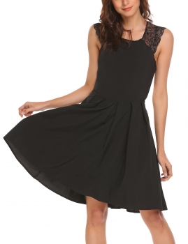 

Black Women's A-Line Pleated O-Neck Sleeveless Lace Patchwork Dress, Multicolor