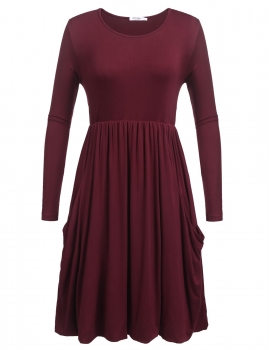 

Wine red Women O-Neck Long Sleeve Elastic Empire Waist Draped Casual Loose T-Shirt Dress, Multicolor