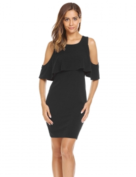 

Black Cold Shoulder Ruffles Solid Bodycon Pencil Dress, Multicolor