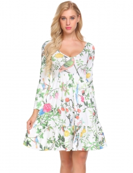 

White Women V-Neck Long Sleeve Floral Ruffles Hem A-Line Empire Waist Dress, Multicolor