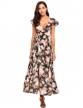 

Black V Neck Ruffle Back Lace Up Printed Short Sleeve Pleated Chiffon Maxi Dress, Multicolor