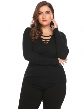 

Black V-Neck Long Sleeve Solid Slim Knit Pullover Plus Size Casual Top, Multicolor