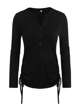 

Blue Notch Collar Long Sleeve Drawstring Sides Solid Tops, Multicolor