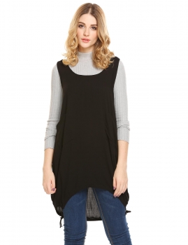 

Black Women Sleeveless O Neck Loose Pull-Up Hem Top, Multicolor