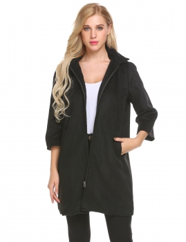 

Black Women Casual Detachable Hat 3"4 Sleeve Solid Zipper Pocket Basic Coat Outwear, Multicolor