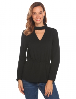 

Black Women Choker V-Neck Long Sleeve Solid Casual Slim Fit Peplum Top, Multicolor