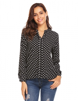 

Black Women Notch Neck Long Sleeve Polka Dot Casual Loose Fit Blouse Top, Multicolor