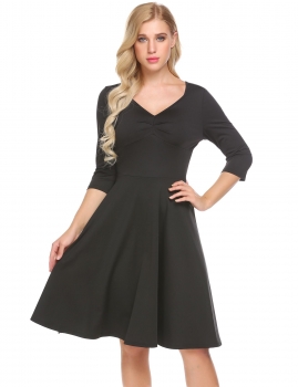 

Black Women V-Neck 3"4 Sleeve High Waist Solid Knee Length Pullover Pleated A-Line Dress, Multicolor