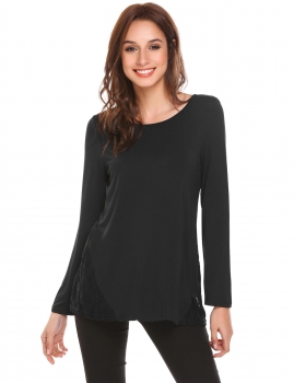 

Black Women Casual O-Neck Long Sleeve Lace Patchwork A-Line Hem Regular Fit Sexy Blouse T-shirt Tops, Multicolor