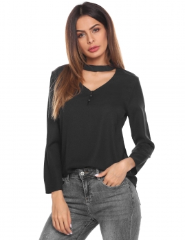 

Black Women Round Neck Long Sleeve Half Button Up Front Hole Chiffon Blouse Tops, Multicolor