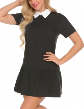 

Black Women Fashion Solid Doll Collar Tie Contrast Color Back Zipper Dress, Multicolor