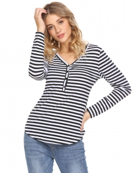 

Black Women V-Neck Long Sleeve Button Front Striped Slim Fit Casual T-Shirt Top, Multicolor