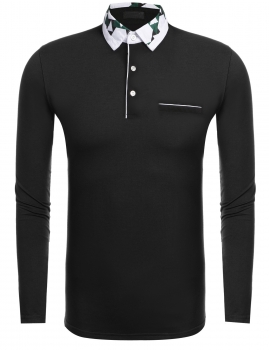 

Black Mens Casual Long Sleeve Color Block Slim Print Polo Shirts, Multicolor