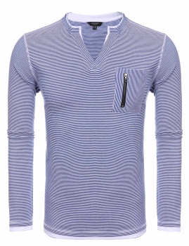 

Blue New Mens Casual V-Neck Long Sleeve Striped Zipper Pocket T-Shirt, Multicolor