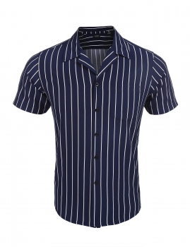 

Blue Lapel Short Sleeve Striped Casual Front Button Shirts with Pocket, Multicolor