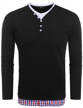 

Black Men's V-Neck Button Long Sleeve Plaid Patchwork Casual T-Shirt, Multicolor