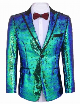 

Blue Men Peak Lapel Sequined Décor Patchwork Slim Fit One Button Party Wedding Blazer, Multicolor