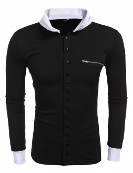 

Black Men Casual Turn Down Collar Long Sleeve Button Polo Shirt, Multicolor