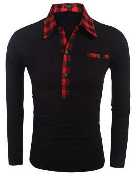 

Black Men Fashion Turn Down Collar Long Sleeve Plaid Patchwork Polo T-Shirt, Multicolor