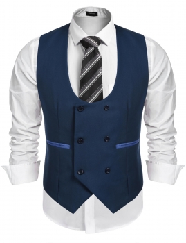 

Blue Men U-Neck Sleeveless Double-breasted Slim Fit Business Suit Vest, Multicolor