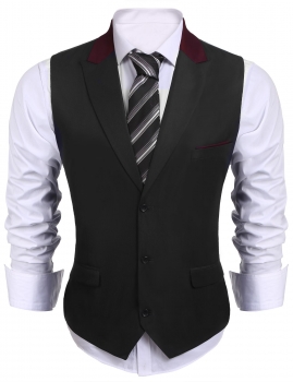 

Black Men Peak Lapel Sleeveless Patchwork 3-Button Slim Fit Business Suit Vest, Multicolor