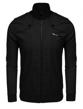 

Black Men Fashion Stand Collar Full Zip Casual Bomber Jacket "with Shoulder Straps, Multicolor