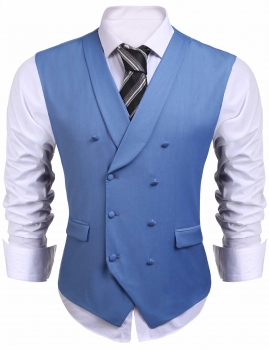 

Blue Men Shawl Collar Double-breasted Solid Slim Fit Business Suit Vest, Multicolor