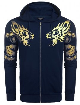 

Blue Men's Drawstring Hooded Long Sleeve Print Full Zip Casual Hoodie w" Pocket, Multicolor