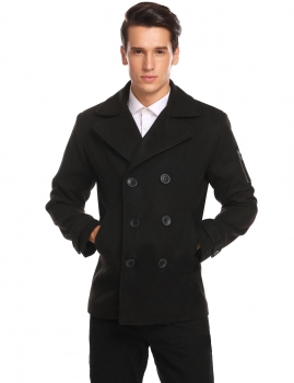 

Black Men Winter Fashion Turn Down Collar Long Sleeve Double-breasted Pea Coat, Multicolor