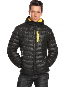 

Black Men Hooded Long Sleeve Solid Zip-up Channel Quilted Padded Down Jacket, Multicolor