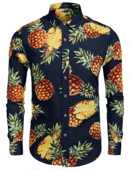 

Dark blue Men Casual Turn-down Neck Long Sleeve Fruit Printed Slim Shirt Tops, Multicolor