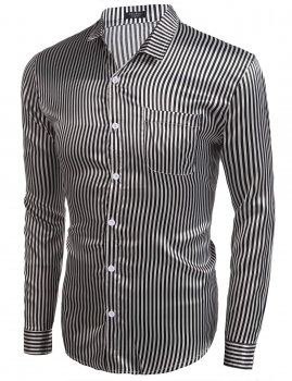 

Black Men's Long Sleeve Striped Satin Casual Button Down Shirt with Pocket, Multicolor