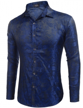 

Navy blue Men's Long Sleeve Floral Casual Dance Prom Party Button Down Shirt, Multicolor