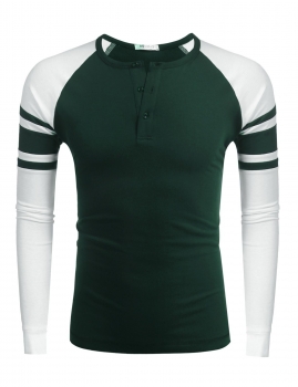 

Dark green Men O-Neck Button Front Long Sleeve Contrast Color Patchwork Casual T-Shirt, Multicolor