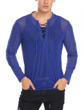 

Blue Men Drawstring V Neck Long Sleeve Solid Loose See Through T-Shirt Blouse Tops, Multicolor