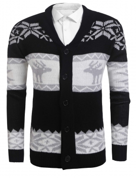 

Black Men Shawl Collar Button Front Christmas Print Slim Fit Casual Cardigan Sweater, Multicolor
