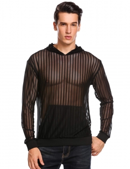 

Black Men Mesh See-through Long Sleeve Pullover Hoodie, Multicolor