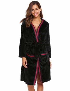 

Black Women Casual Hooded Long Sleeve Patchwork Winter Warm Sleepwear Robe with Belt, Multicolor