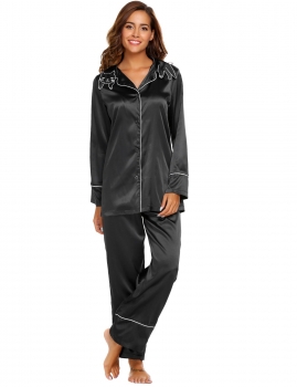 

Black Women Casual Turn-down Collar Long Sleeve Elastic Waist Cat Shape Embroidery Pajama Sets, Multicolor
