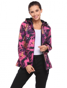 

Rose red Women Long Sleeve Drawstring Hooded Camouflage Print Casual Fleece Jacket Coats, Multicolor