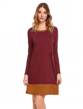 

Wine red Women Casual Round Neck Long Sleeve Contrast Color Patchwork Loose Dress, Multicolor