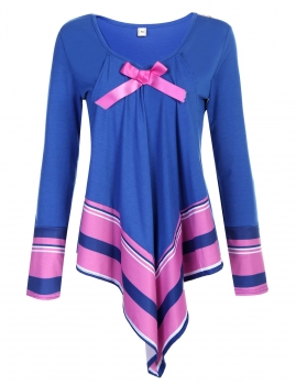 

Blue V-Neck Long Sleeve Patchwork Asymmetrical Hem Draped Bow Casual Tops, Multicolor